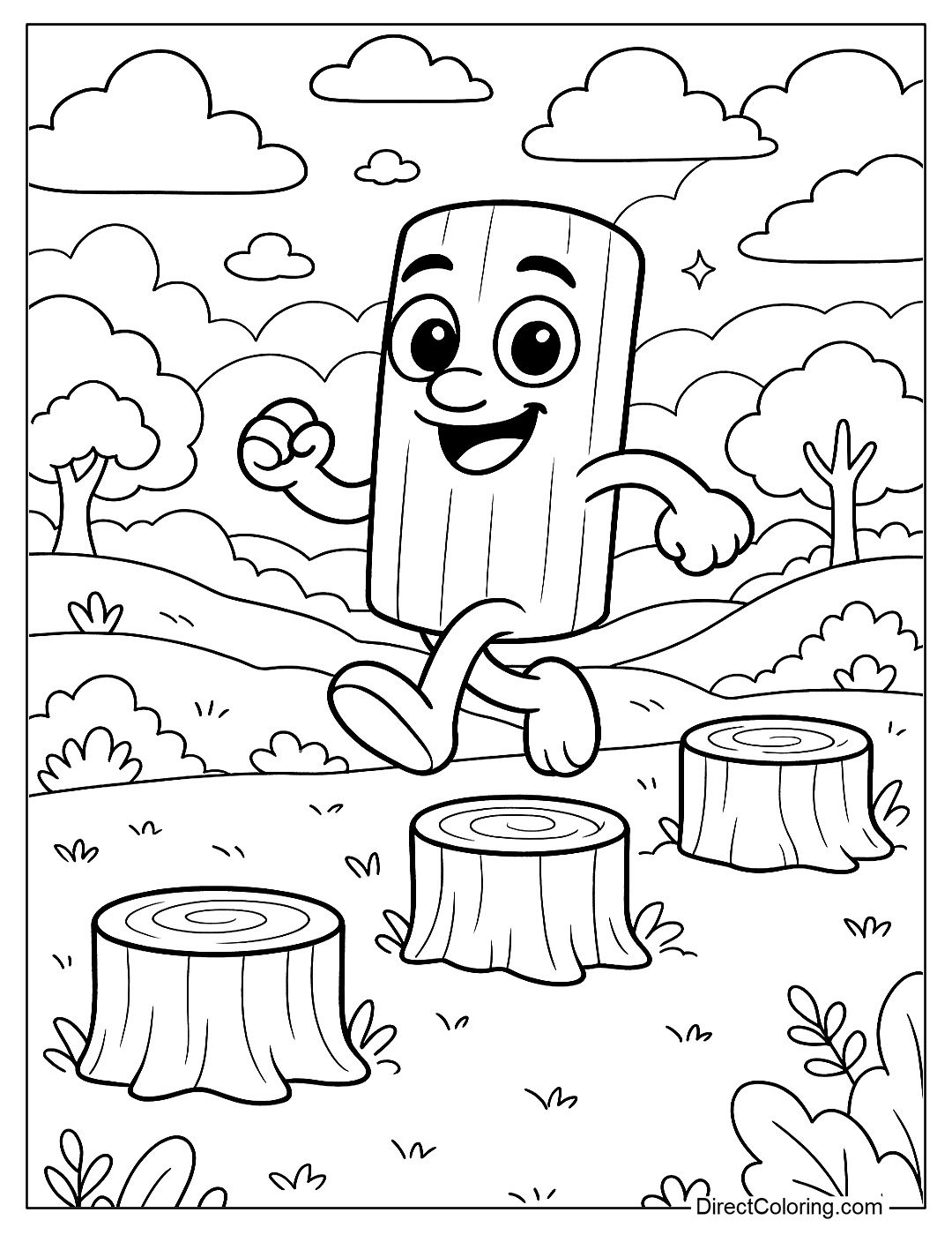 a coloring page of Sahur playing jumping over logs as an active game